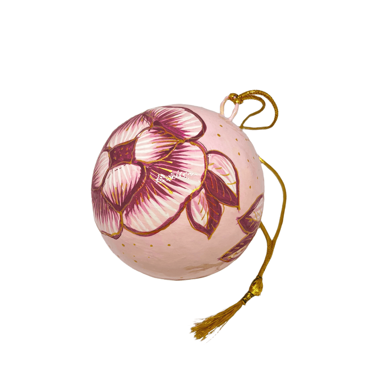En julekugle fra Balsalens eget mærke. Denne er malet i hånden med motiv af Ella Skovs blomst. Julekuglen er i lyserøde farver. Dette er den lille variant