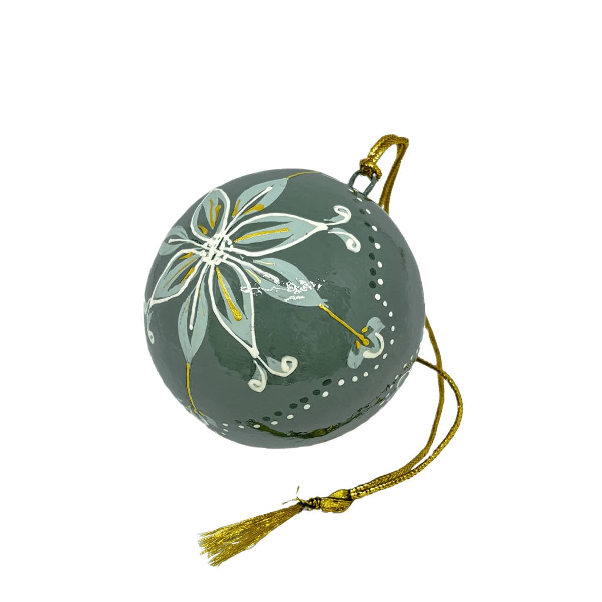 En julekugle fra Balsalens eget mærke. Denne er malet i hånden med motiv af Ella Skovs blomst. Julekuglen er i grønne farver. Dette er den lille variant
