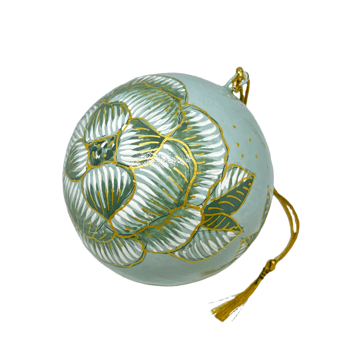 En julekugle fra Balsalens eget mærke. Denne er malet i hånden med motiv af Ella Skovs blomst. Julekuglen er i grønne farver. Dette er den store variant
