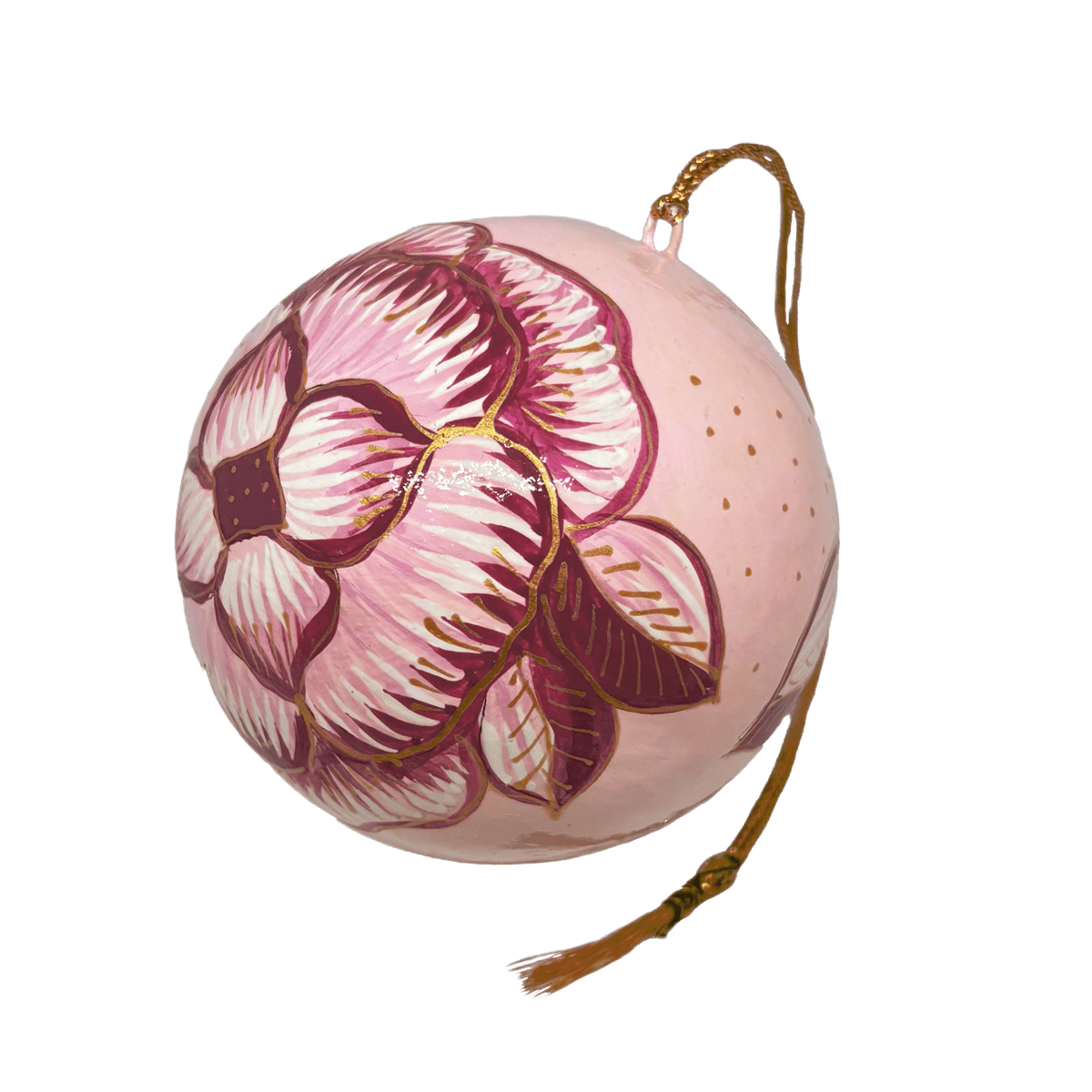 En julekugle fra Balsalens eget mærke. Denne er malet i hånden med motiv af Ella Skovs blomst. Julekuglen er i lyserøde farver. Dette er den store variant