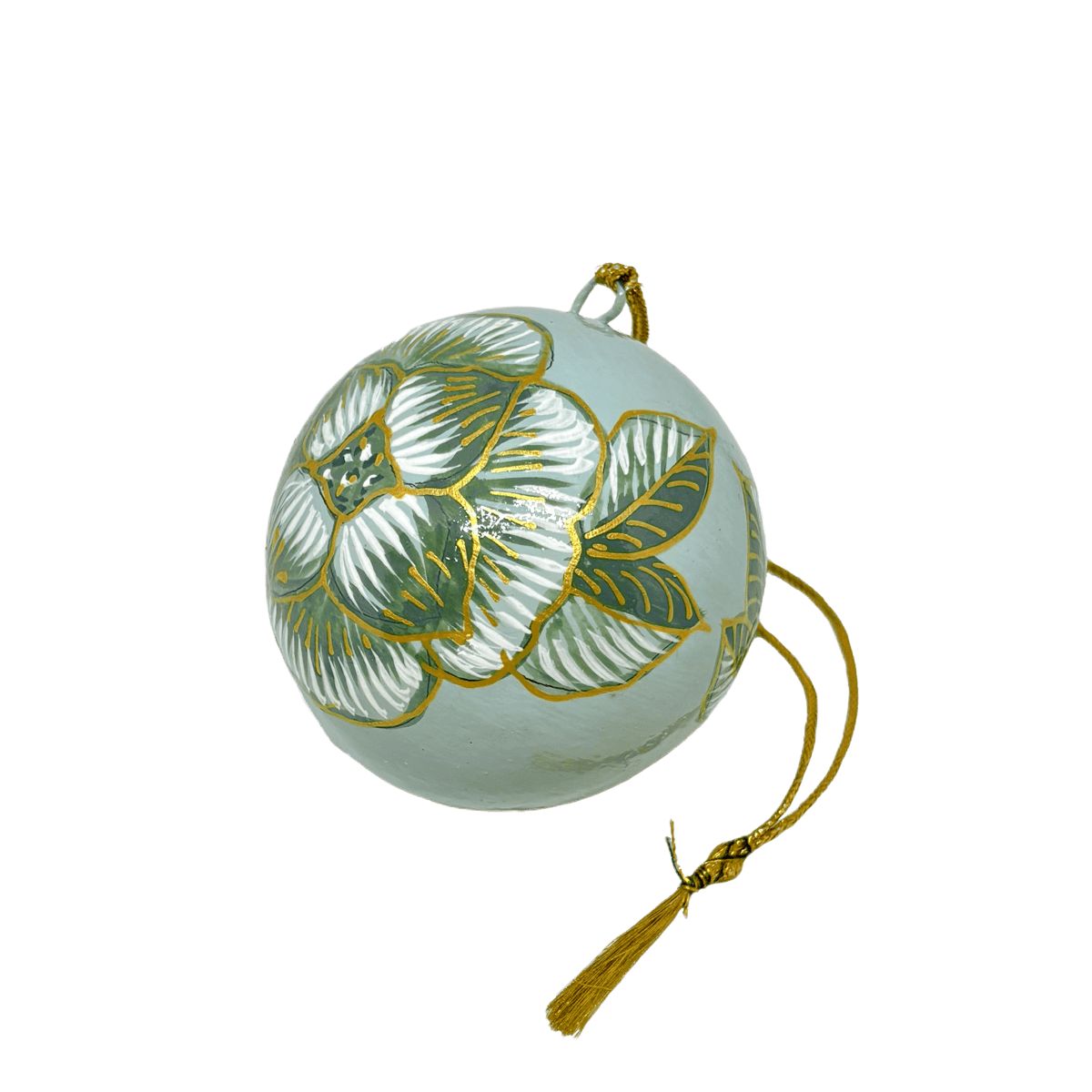En julekugle fra Balsalens eget mærke. Denne er malet i hånden med motiv af Ella Skovs blomst. Julekuglen er i grønne farver. Dette er den lille variant