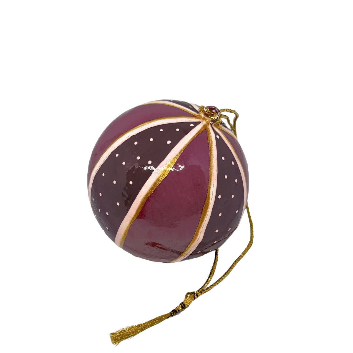 En julekugle fra Balsalens eget mærke. Denne er malet i hånden med striber og prikker og er i lilla farver. Dette er den store variant.