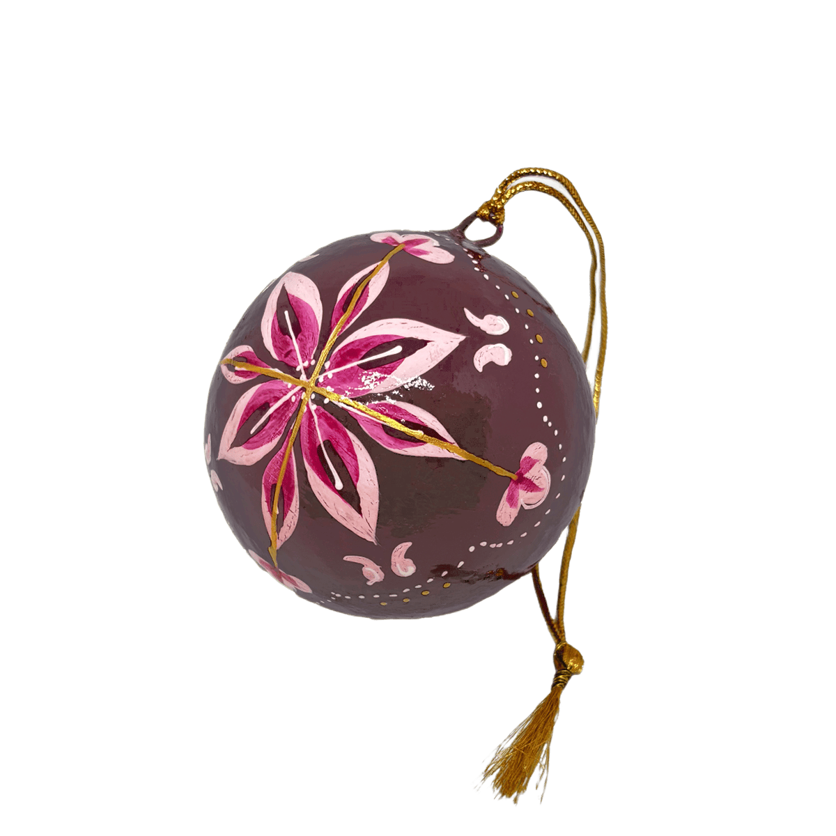 En julekugle fra Balsalens eget mærke. Denne er malet i hånden med motiv af Ella Skovs blomst. Julekuglen er i brune farver. Dette er den lille variant