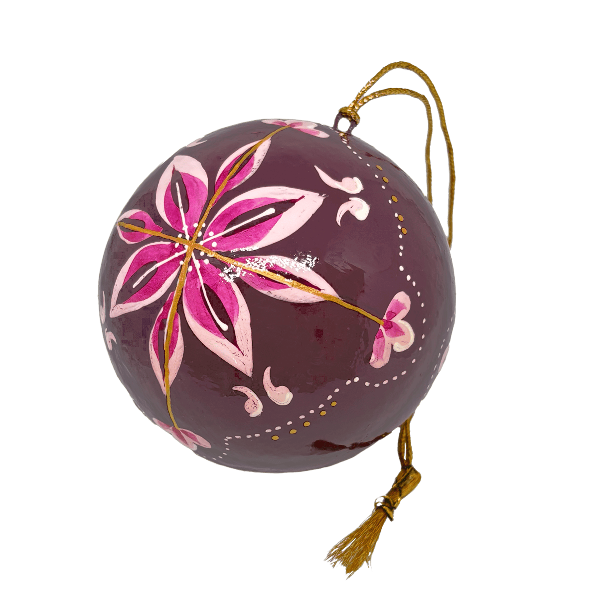 En julekugle fra Balsalens eget mærke. Denne er malet i hånden med motiv af Ella Skovs blomst. Julekuglen er i lilla farver. Dette er den store variant