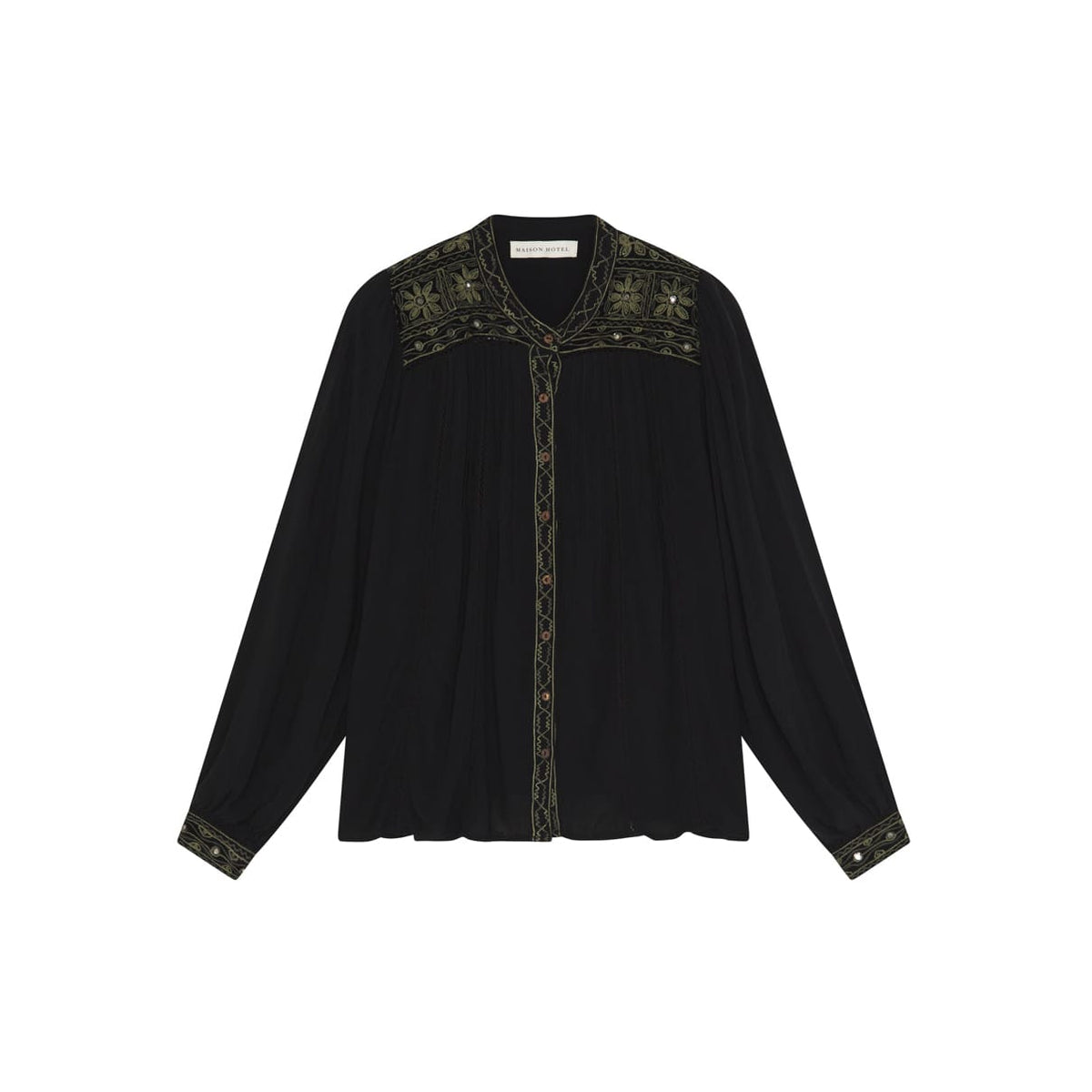Sort Maison Hotel blouse med grønne broderier