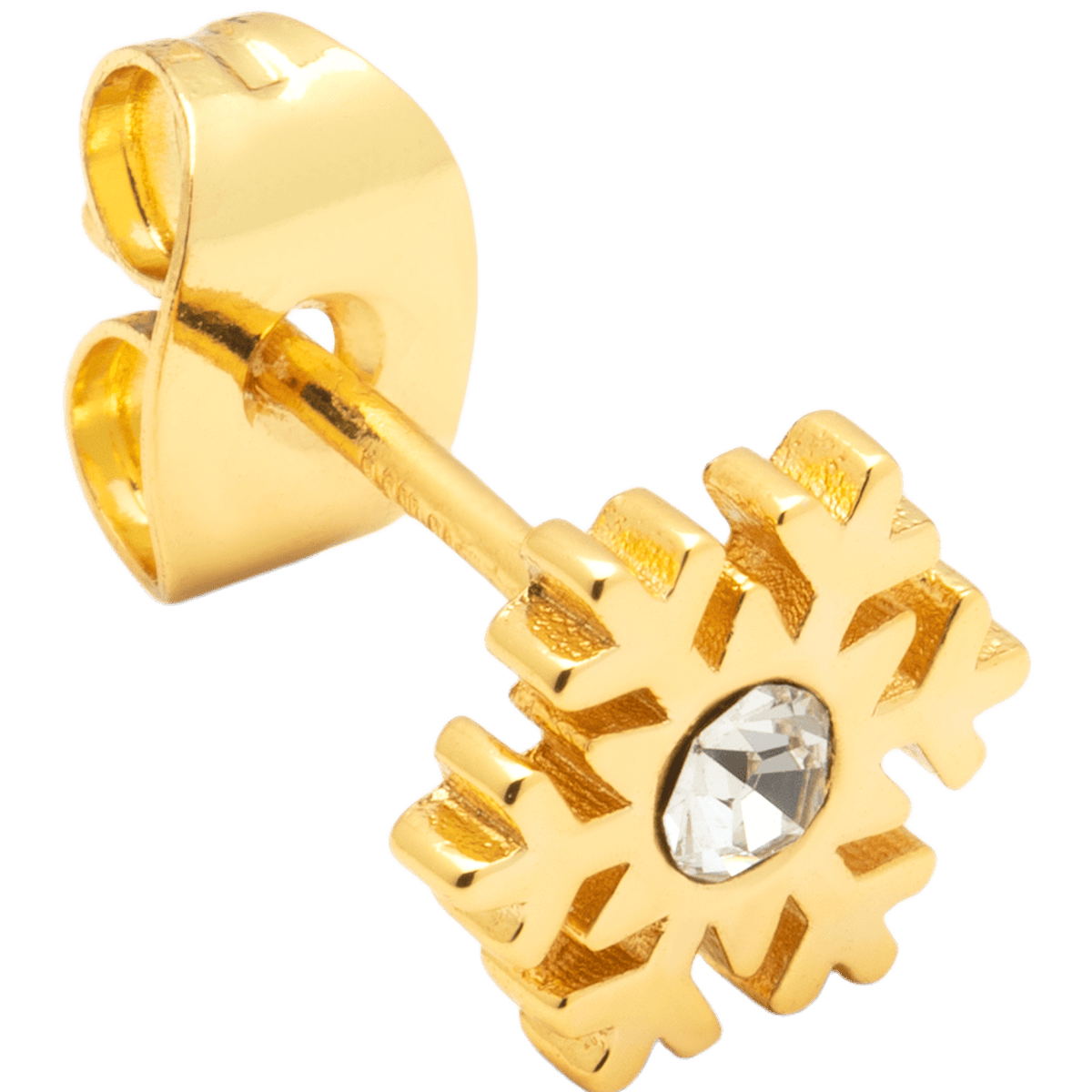 Flake gold fra lulu cph er en ørestik formet som en snefnug med en krystal i midten