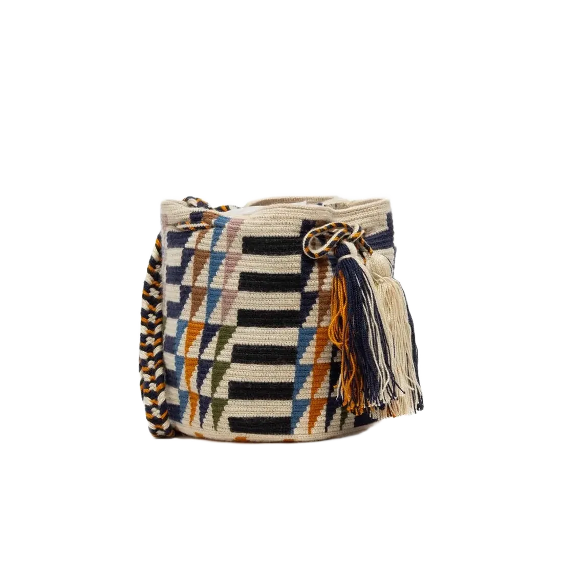 Guanabana Crossbody bag med pom pom på fronten og med mønster i fine trekanter og streger