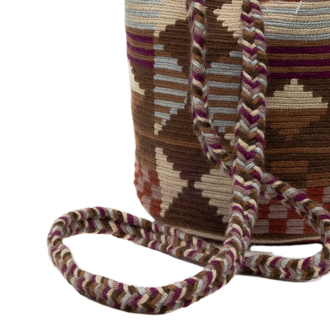 Closeup af guanabana tote bag i brune og lilla farver