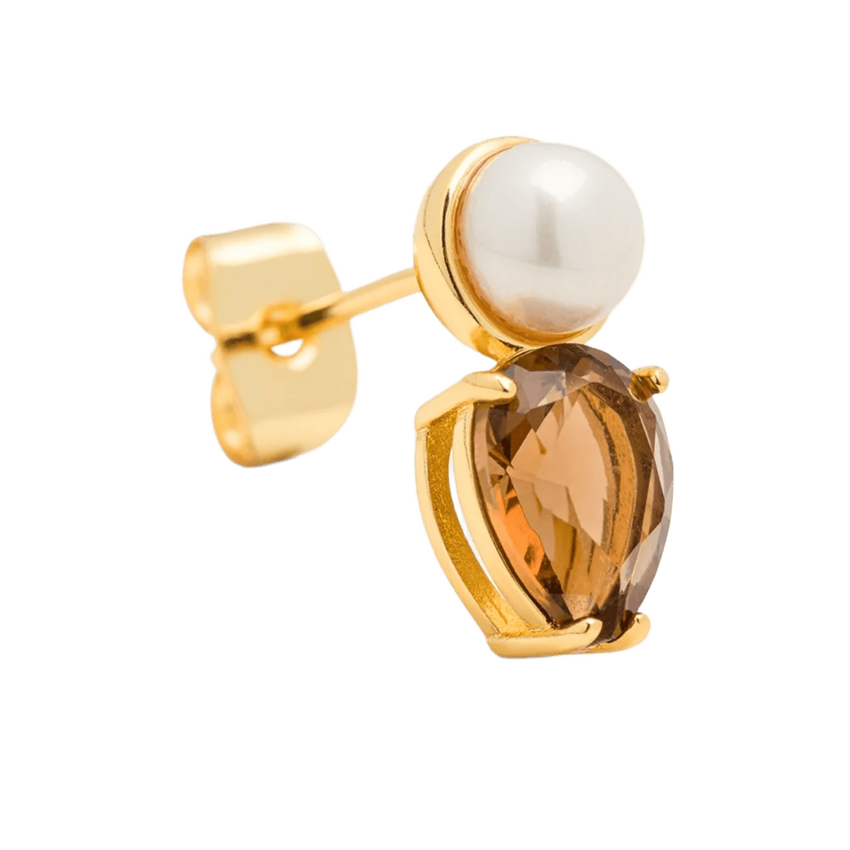 LULU CPH Galla The Drop ørestik i guld med ferskvandsperle og en brun krystal sten som sammen danner et fint smykke