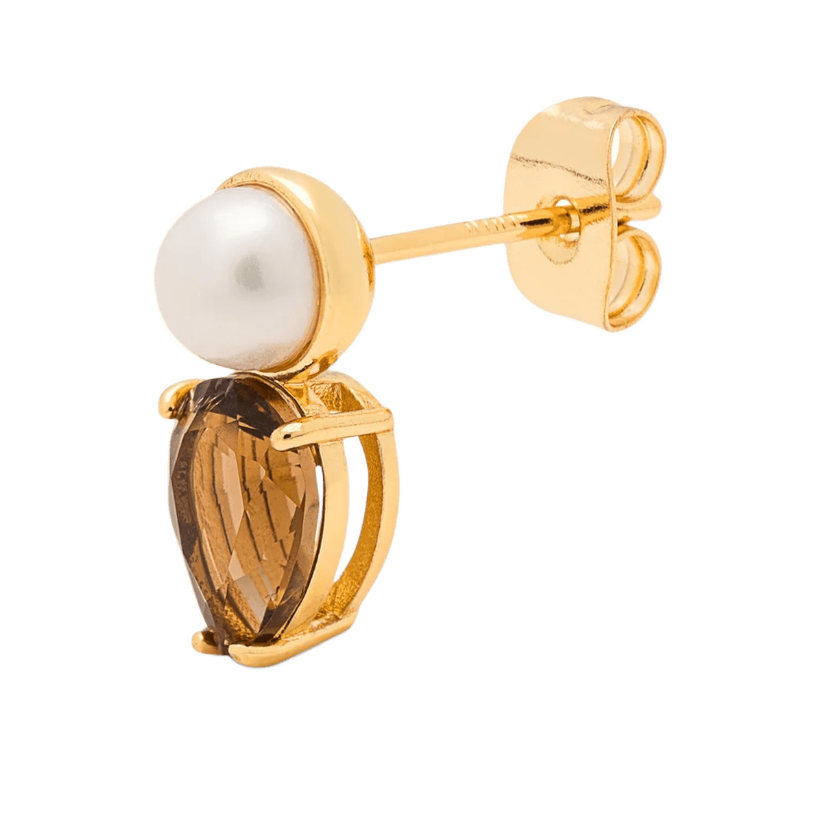 LULU CPH Galla The Drop ørestik i guld med ferskvandsperle og en brun krystal sten som sammen danner et fint smykke