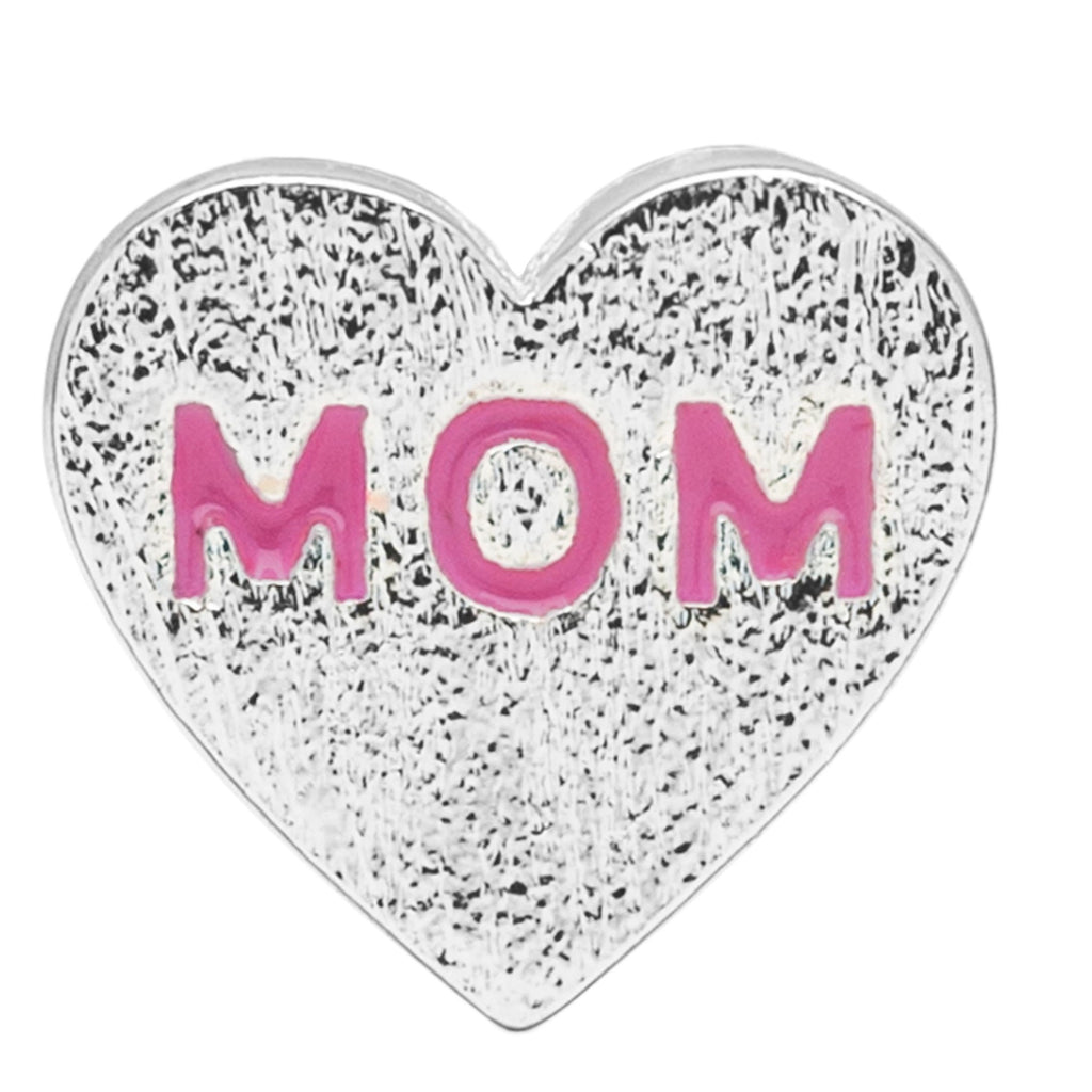 Sølv hjerteøring med ordet 'MOM' i pink indeni. Den perfekte ørering til enhver mor!