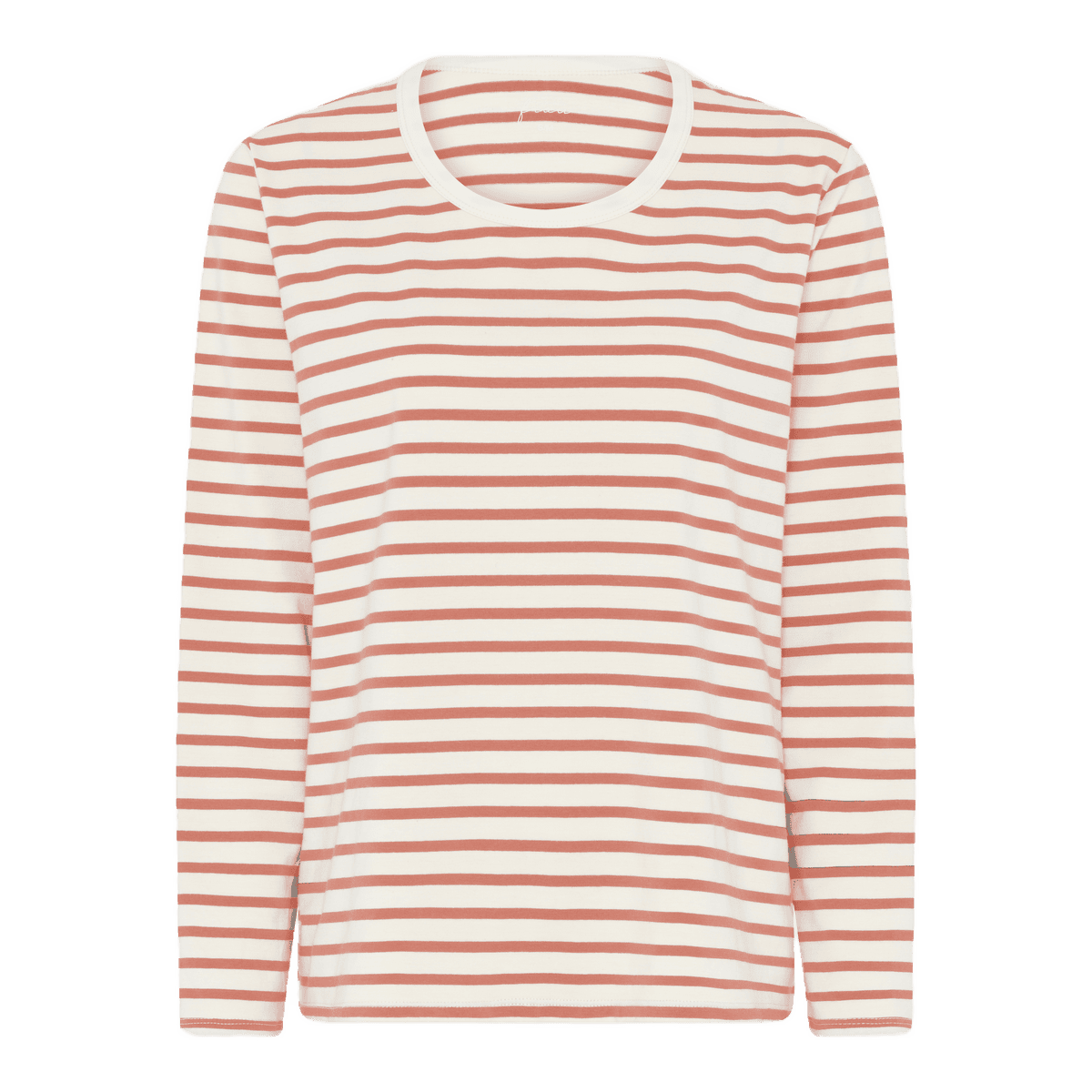 Lucca er en langærmet bluse med rund hals. Denne er i hvid og rosa stribet
