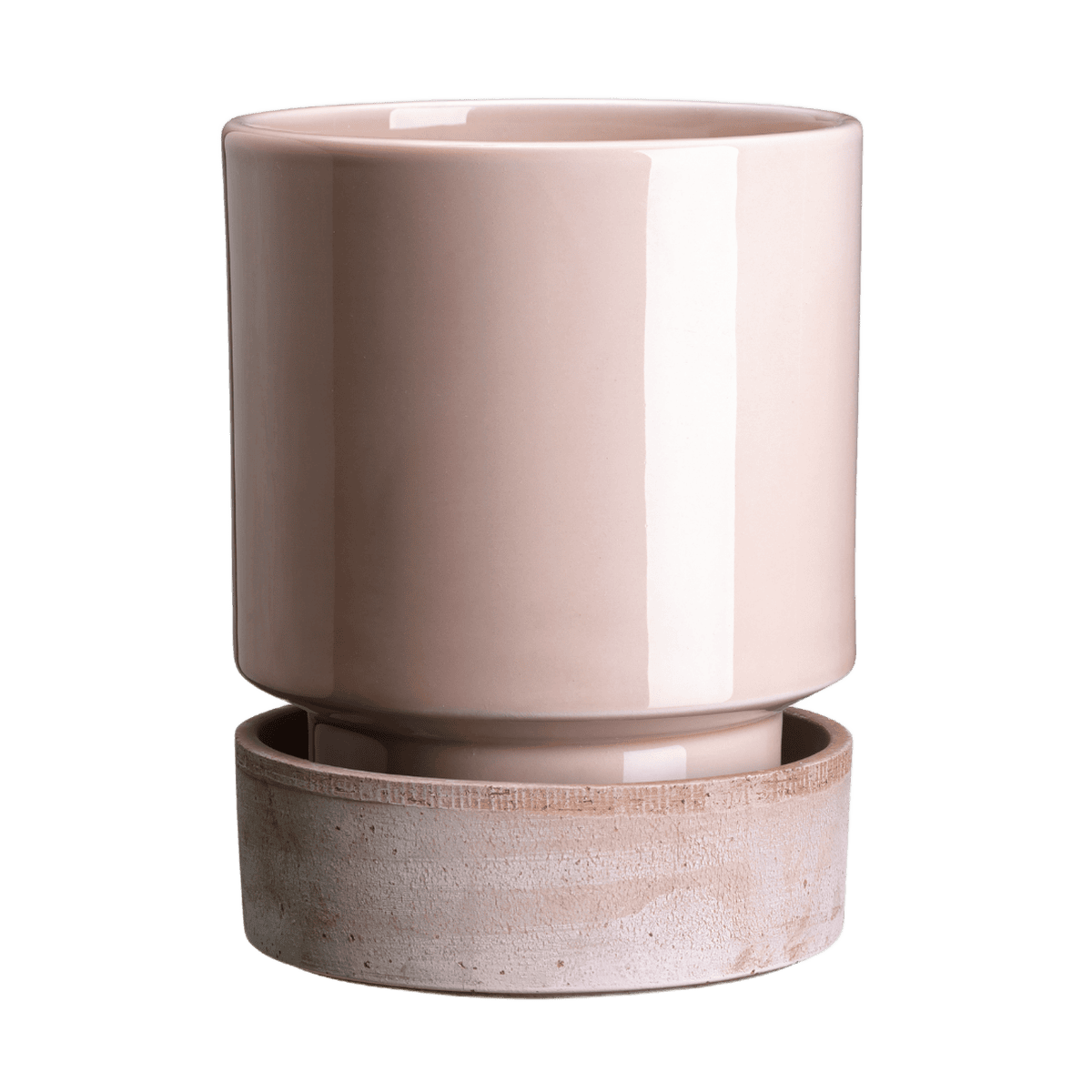 Bergs potte i glasseret. Den er i farven quartz rose, som er en fin lyserød/beige krukke - her vises den med en lyserød underskål