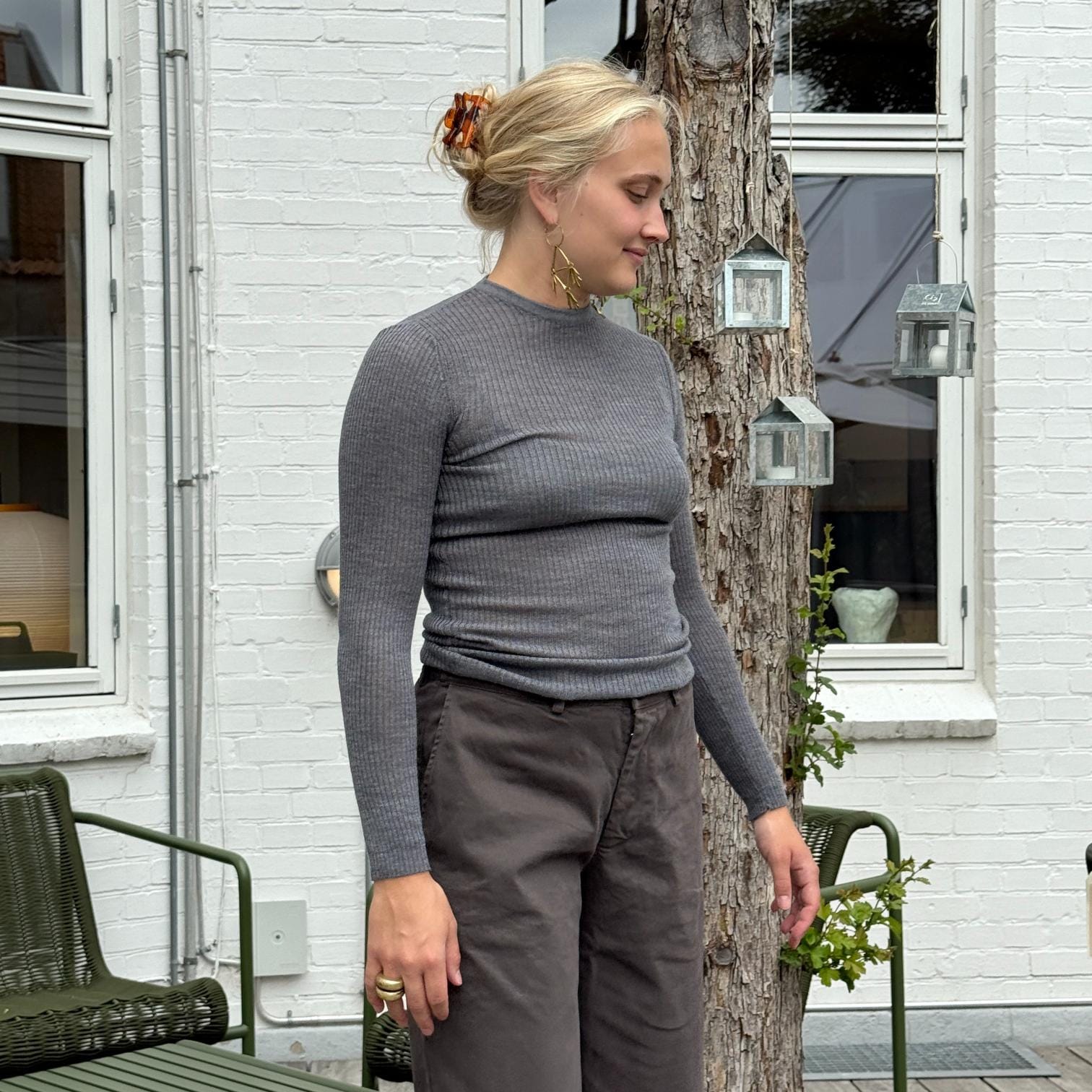 Grå ribbed langærmet