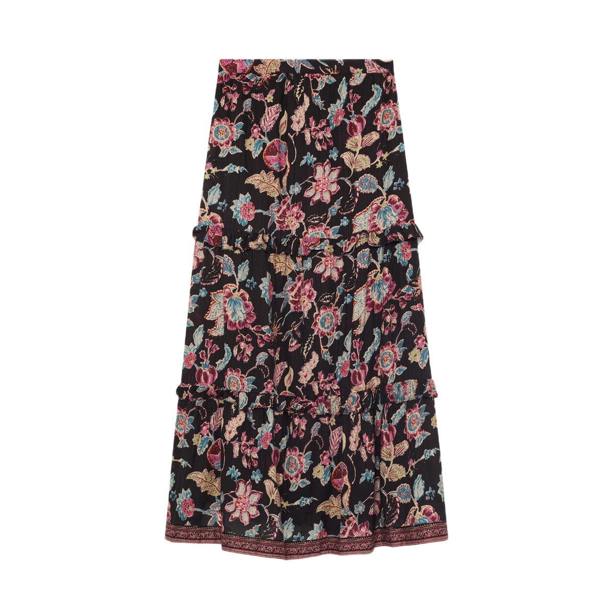 Maison Hotel nederdel med farverigt blomsterprint på mørk bund og flæsedetaljer
