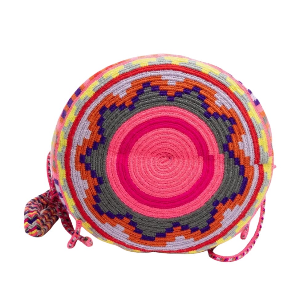 Håndlavet crossbody taske fra Guanabana i stribet væv med neon pink og mørkeblå detaljer