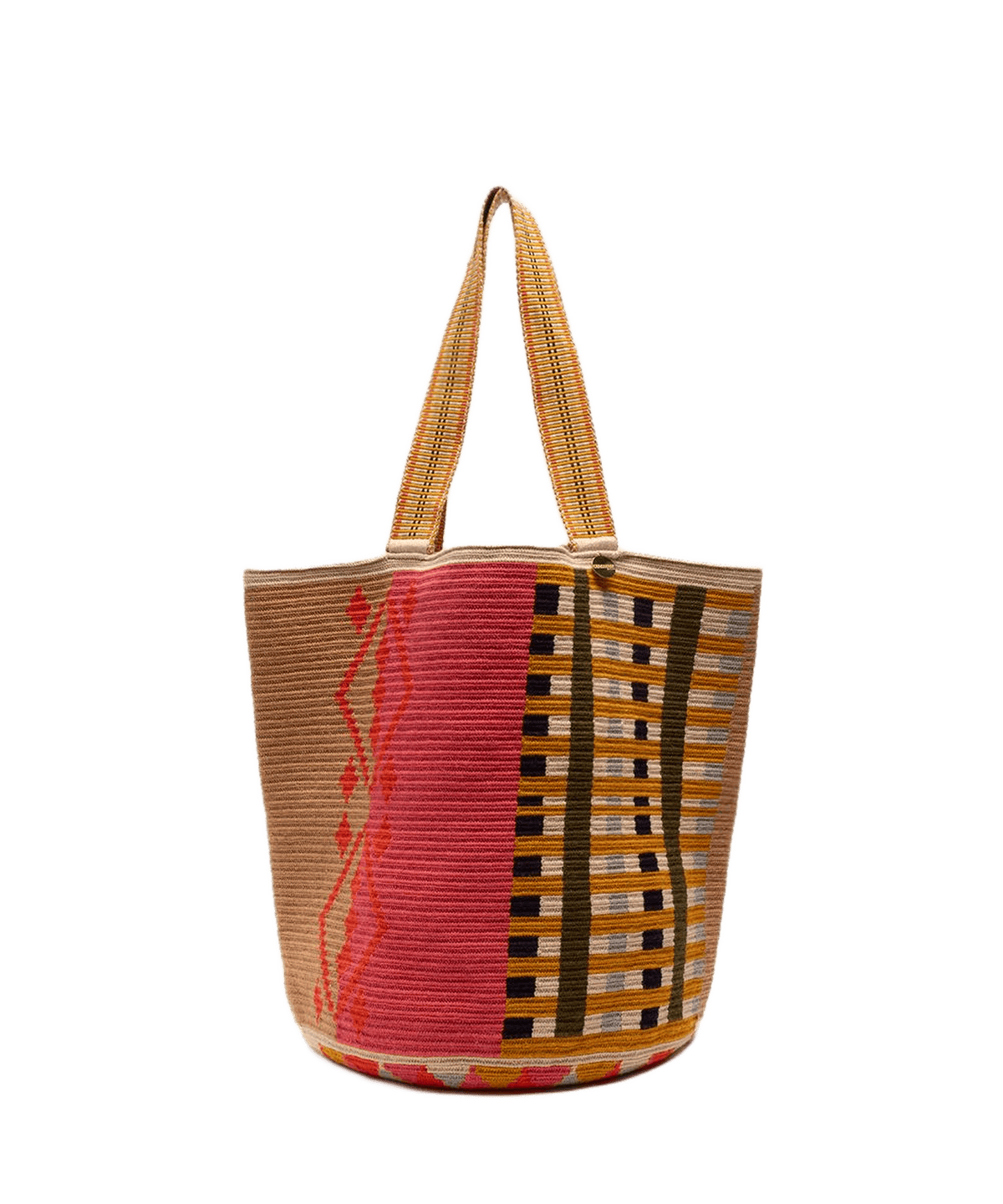 Guanabana tote bag er et stort rund net/taske med to hanke. Tasken er hæklet i beige/brun og lyserøde farver