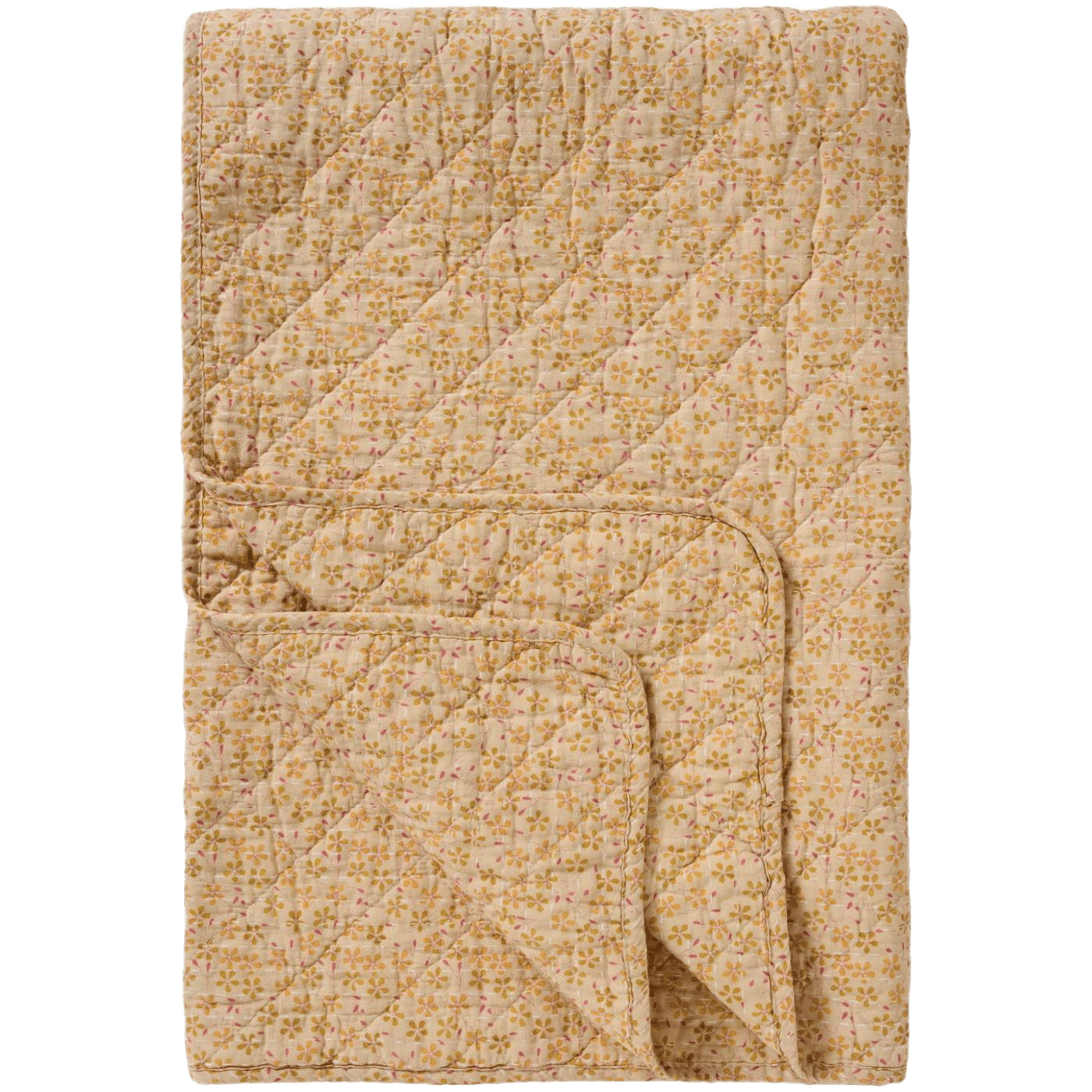 Fin beige og gul vattæppe fra Ib Laursen med blomster og lyserøde blade