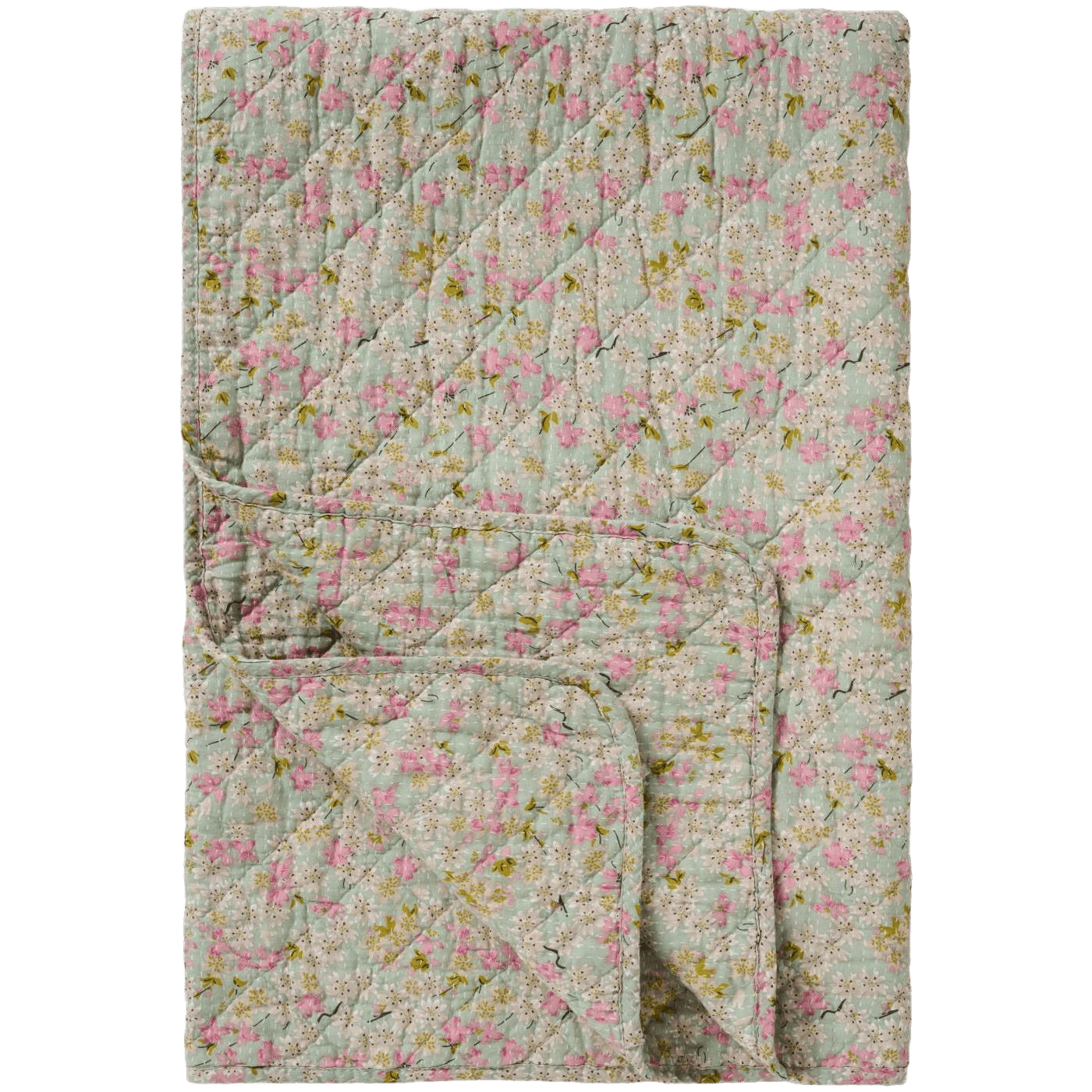 Mint farvet quilt vattæppe med lyserøde og grønne blomstermønster fra Ib Laursen