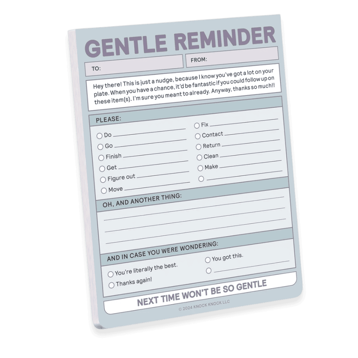 gentle reminder blok, hvor du skriver ned, hvad du ønsker en person skal gøre for dig