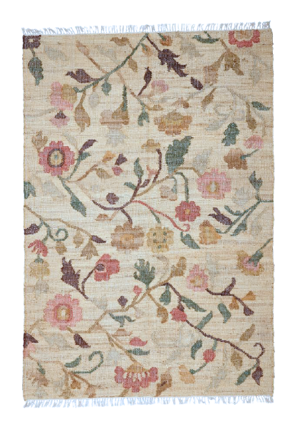 Jute kelim gulvtæppet Flora har en flot farve kombination af naturlige gule, grønne og rosenfarvede nuancer, der med det traditionelle kelim mønster giver tæppet et smukt og blødt look.