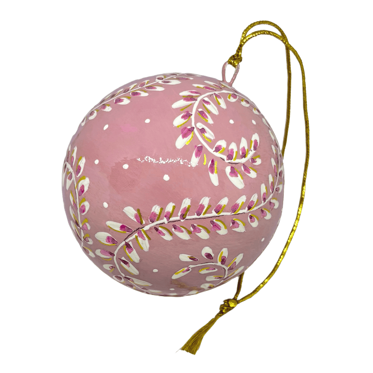 En julekugle fra Balsalens eget mærke. Denne er malet i hånden med motiv af Ella Skov. Julekuglen er i lyserøde farver og med motiv af små fjer. Dette er den lille variant