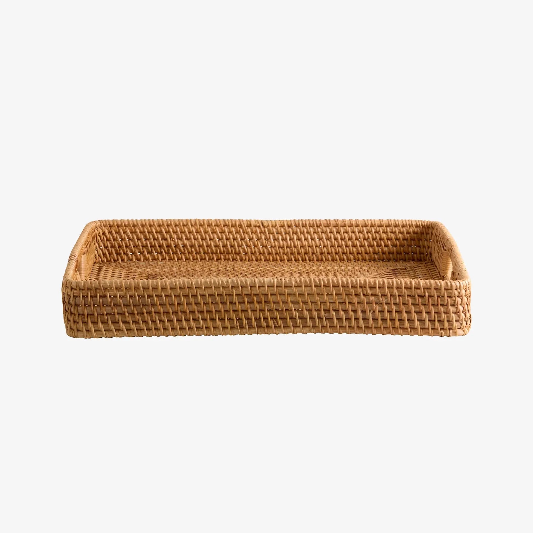 Rattan serveringsbakke med afrundede kanter og praktiske håndtag