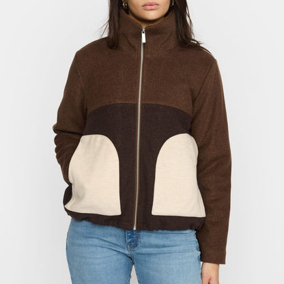 Selfhood colorblock jakke i brun og beige uldblanding