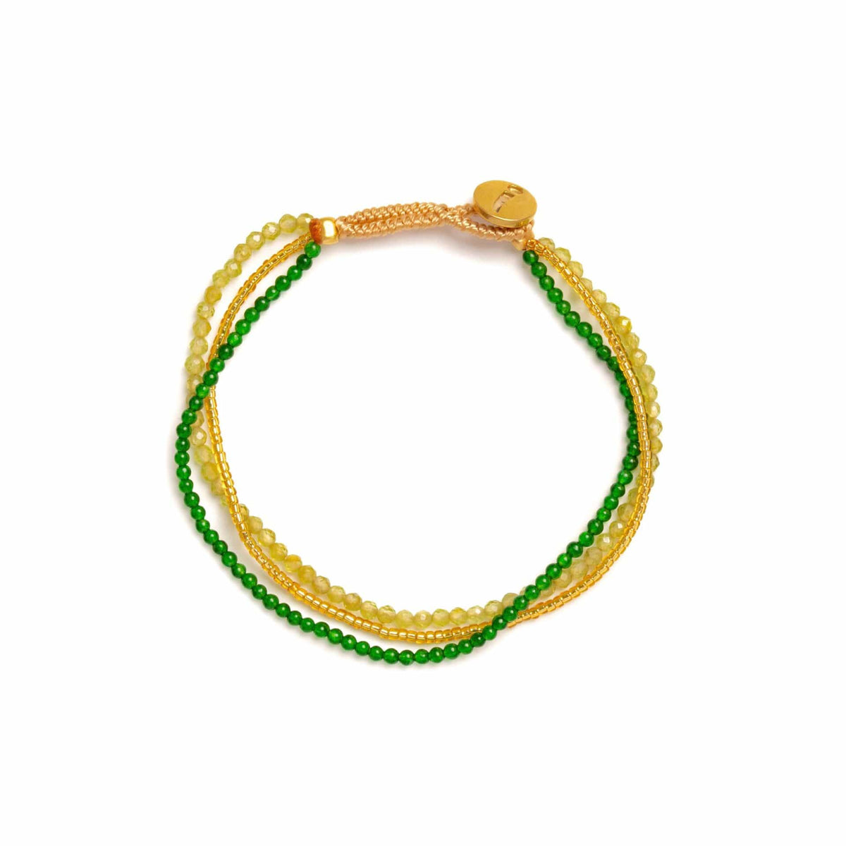 Lulu Dua Bracelet fra Ibu Jewels med grønne og gule halvædelsten og gyldne perler