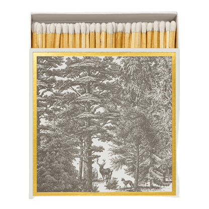 Stor tændstikkeæske fra Archivist Gallery med træer i en skov i sort hvid og guldkant