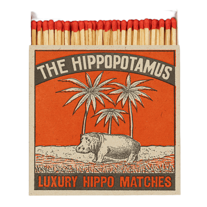 Store tændstikkeæsker fra Archivist Gallery med en flodhest og palmer på
