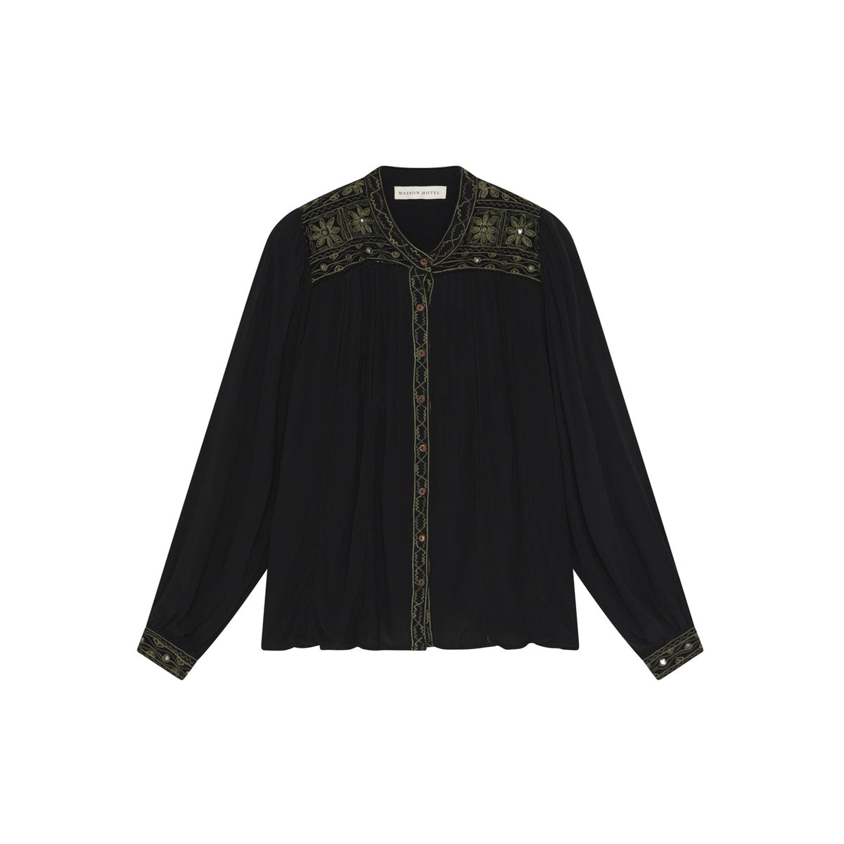 Sort Maison Hotel blouse med grønne broderier