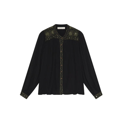 Sort Maison Hotel blouse med grønne broderier