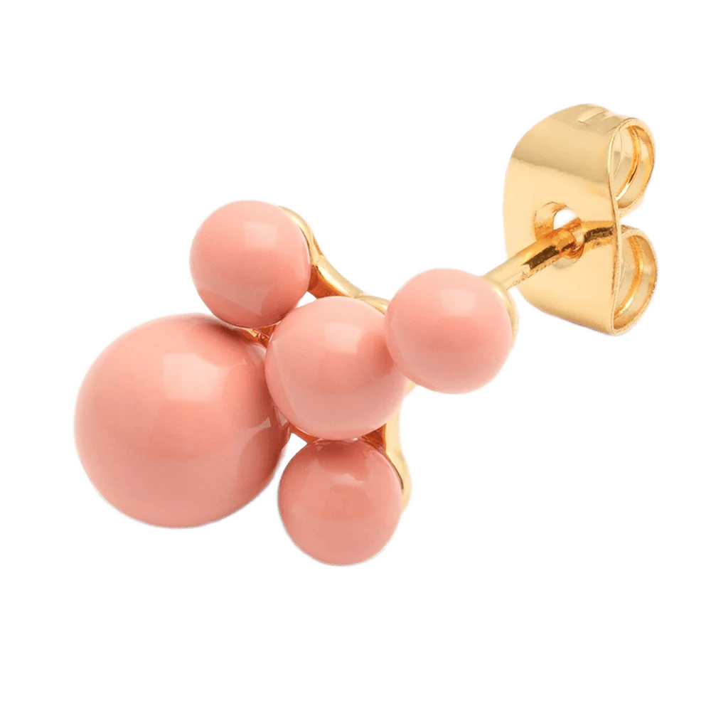 Ørering fra LULU Copenhagen med lyserøde kugler i cluster design og guldbelagt stift