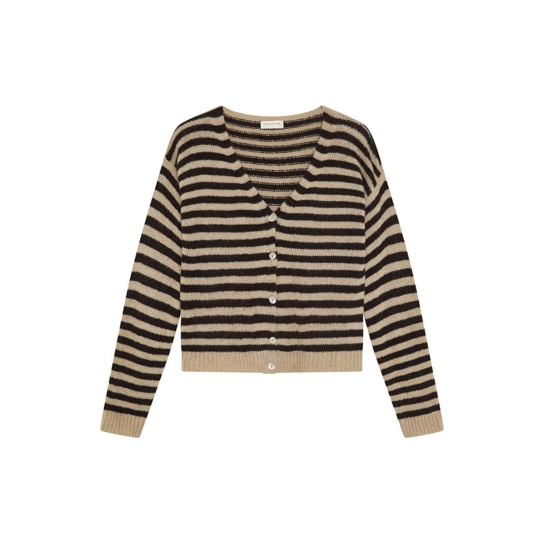 Debby cardigan med V-udskæring og knaplukning i sort og beige strib fra Maison Hotel