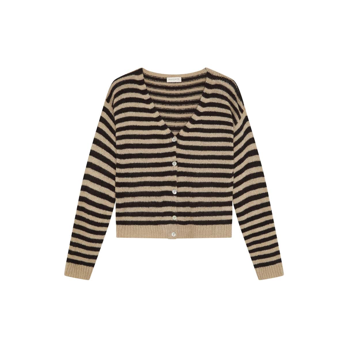 Debby cardigan med V-udskæring og knaplukning i sort og beige strib fra Maison Hotel
