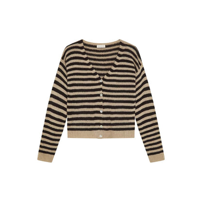 Debby cardigan med V-udskæring og knaplukning i sort og beige strib fra Maison Hotel