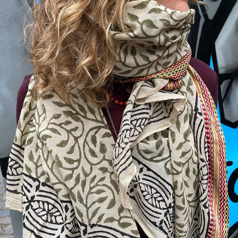 Bagru Tørklæde - Bomuld - Green Leaf 