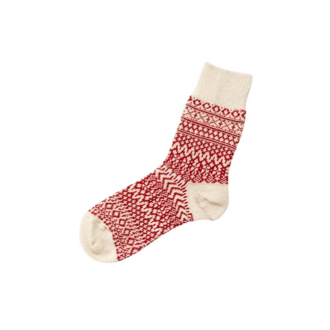 Hvide og røde uldstrømper med mønster