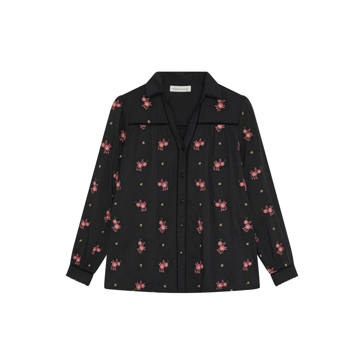 Sort skjorte med rosa blomsterprint fra Maison Hotel