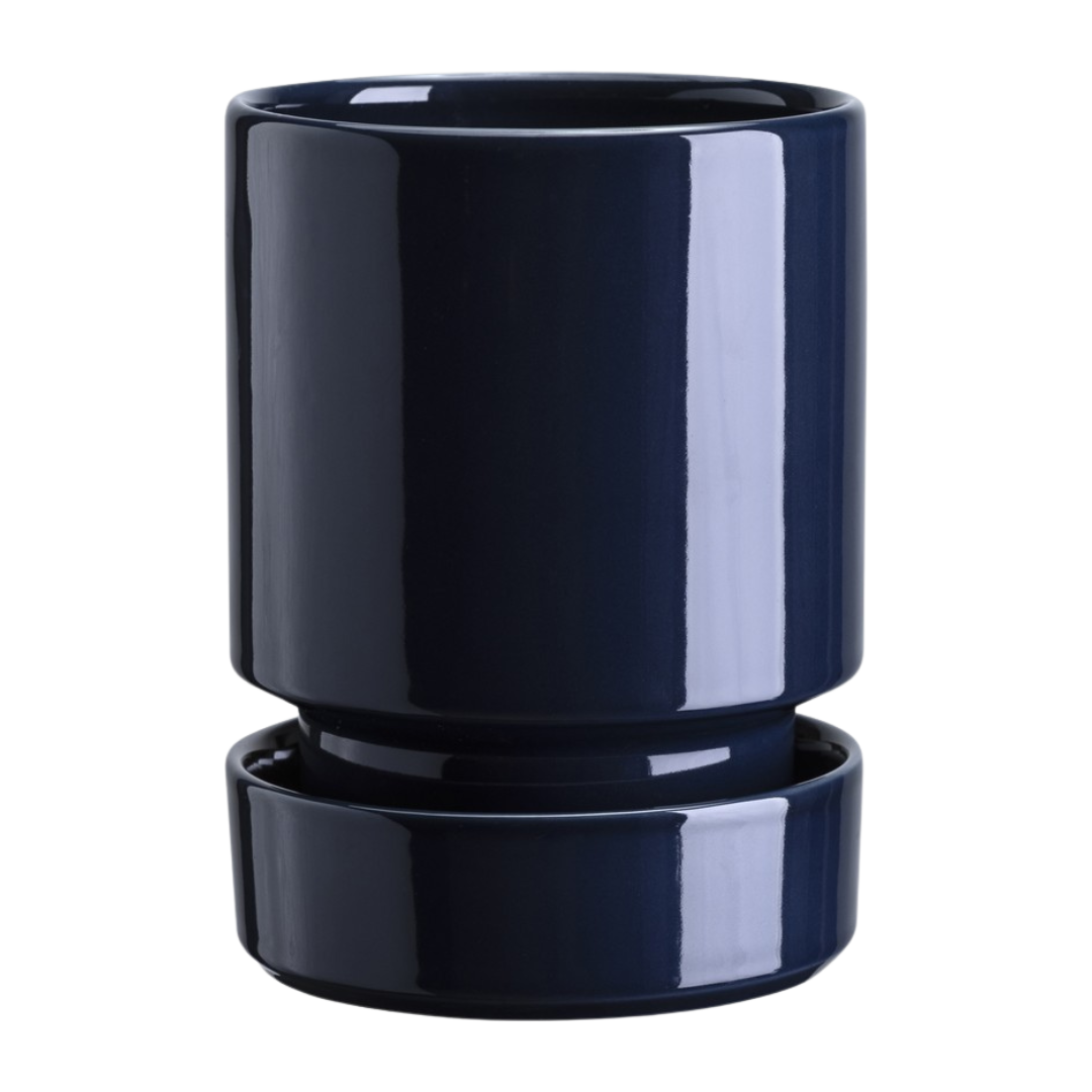 Mørkeblå glaseret potte og underskål fra BErgs Potter i serien Hoff Pots