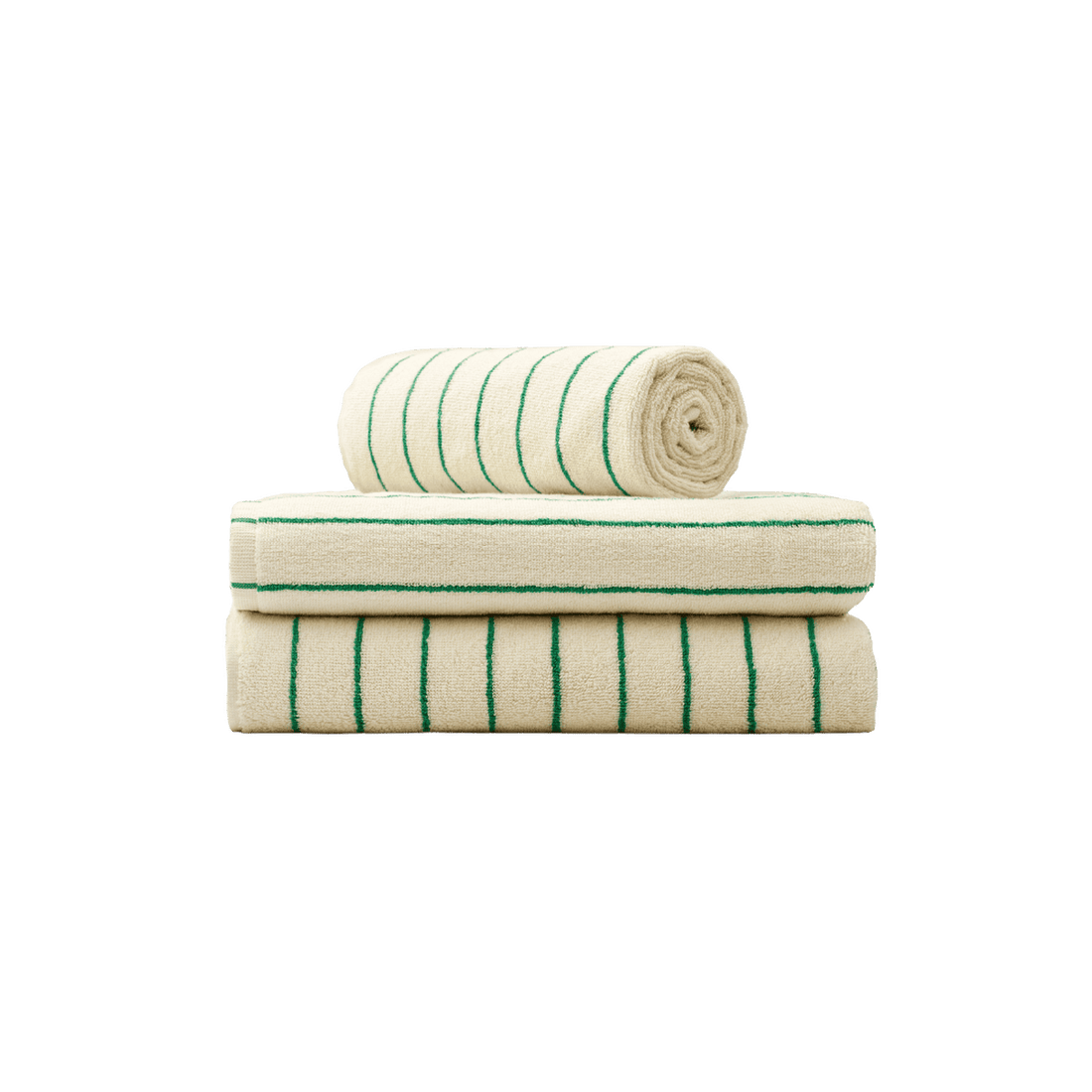 Hvidt frotte håndkæde fra Bongusta i økologisk bomuld med grønne tynde striber