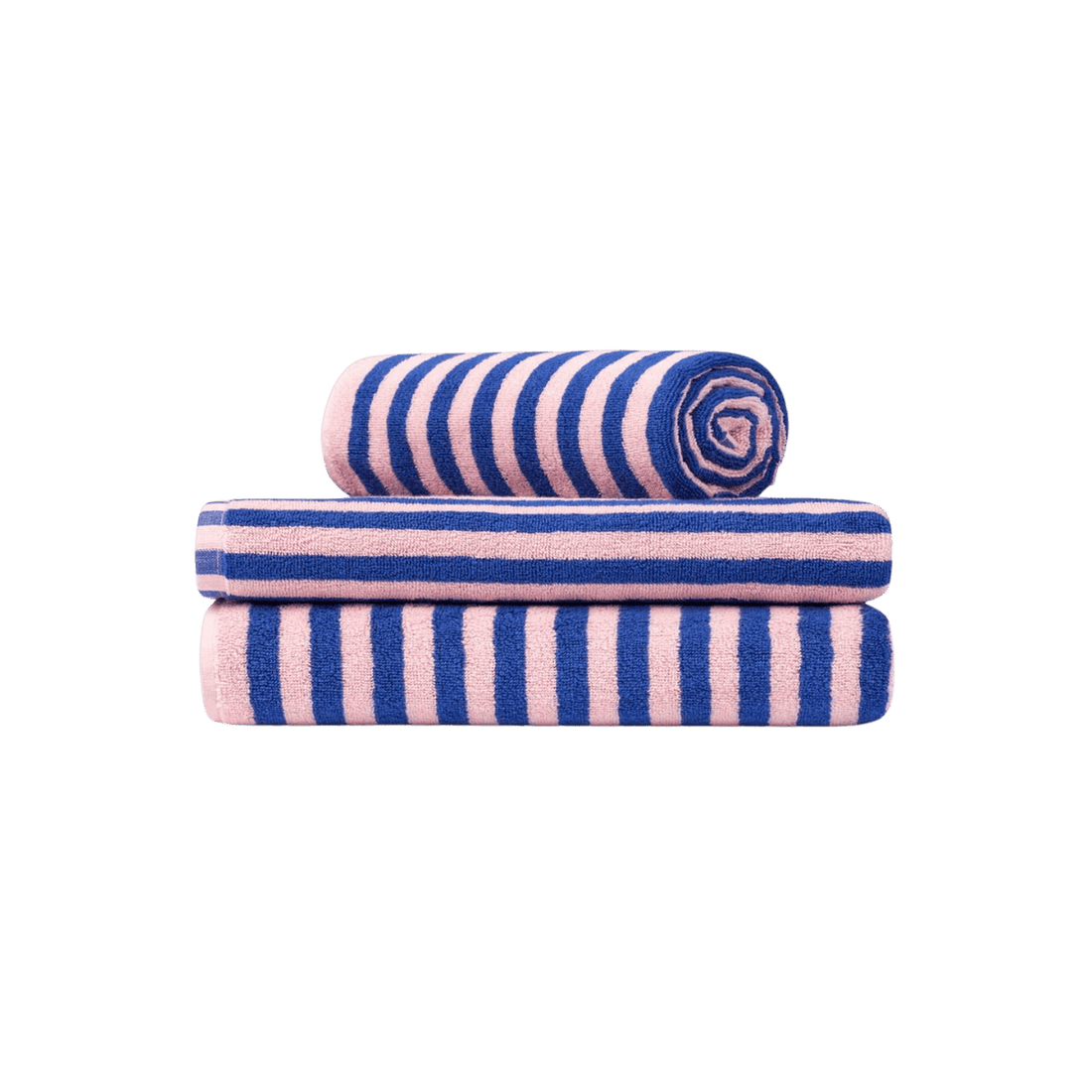 Tykt og blødt lyserødt håndklæde fra Bongusta med blå tykke striber.