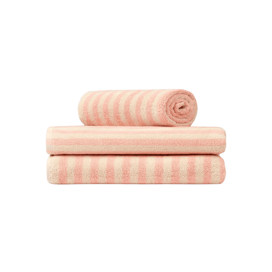 Bongusta håndklæder i off white med tykke striber i ferskenfarvet