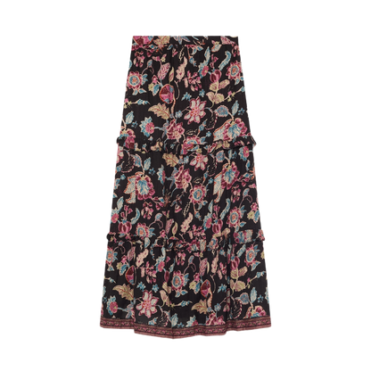 Maison Hotel nederdel med farverigt blomsterprint på mørk bund og flæsedetaljer