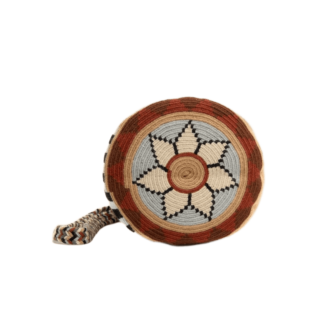 Guanabana tote bag er en lille rund hæklet taske i brune og beige farver