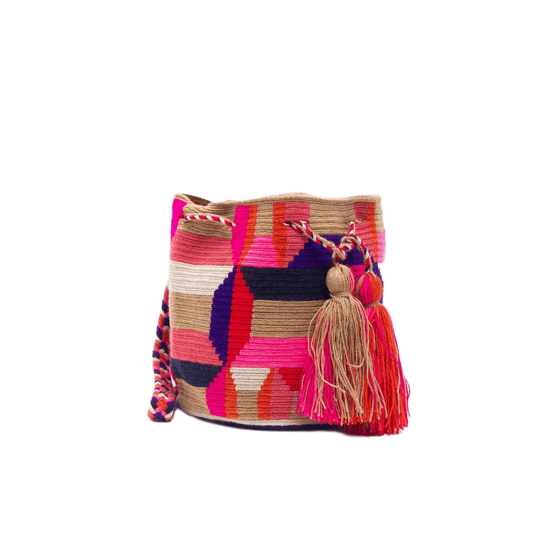 Guanabana tote bag er en lille rund hæklet taske i beige/brun og lyserøde farver