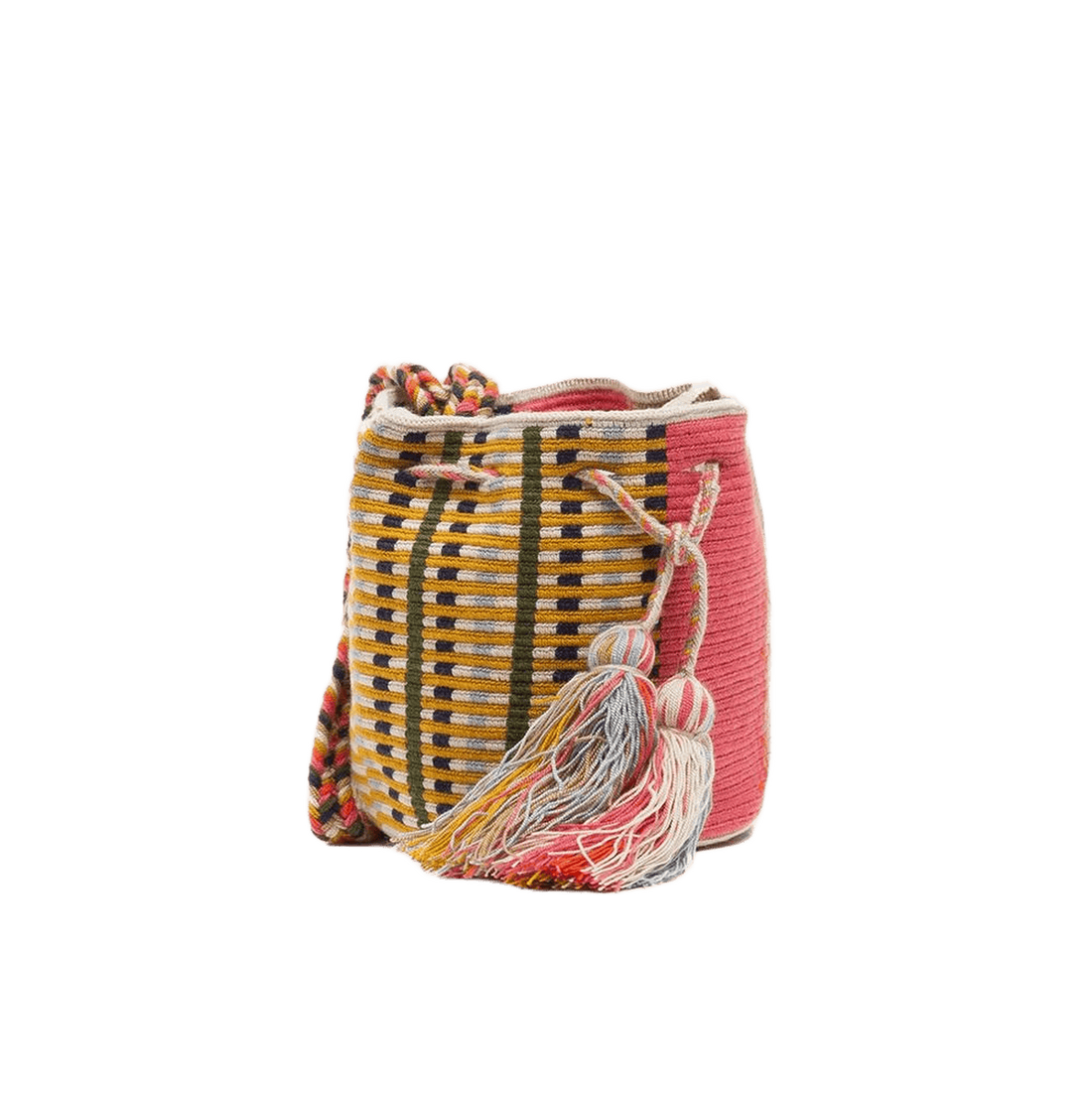 Guanabana tote bag er en lille rund hæklet taske i gul, lyserød og grønne farver