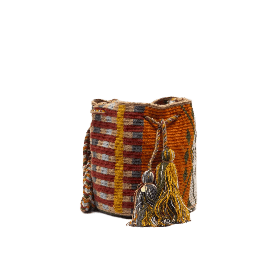 Guanabana tote bag er en lille rund hæklet taske i karry, gul og brune farver