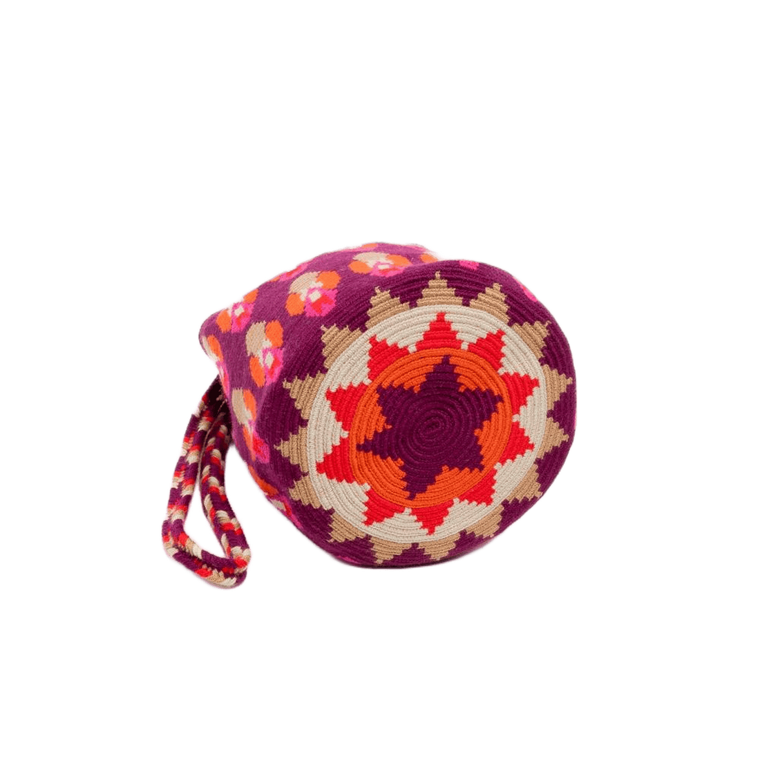 Guanabana tote bag er en lille rund hæklet taske i lilla og orange farver